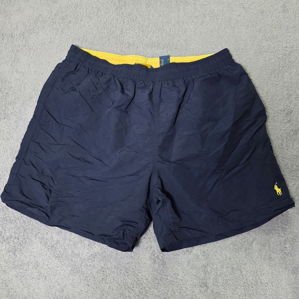 Polo Ralph Lauren Mens XXL Swim Trunks Navy Blue Yellow Pony Logo Mesh Lined
